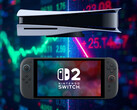 PS5 and Switch 2 seen in front of Sony and Nintendo stock tickers (Image source: Sony PlayStation, Nintendo of America with edits)
