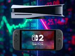 PS5 and Switch 2 seen in front of Sony and Nintendo stock tickers (Image source: Sony PlayStation, Nintendo of America with edits)