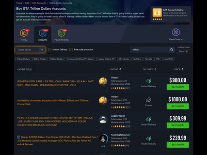 PlayerAuctions selling GTA Online accounts (Image source: screenshot, PlayerAuctions)