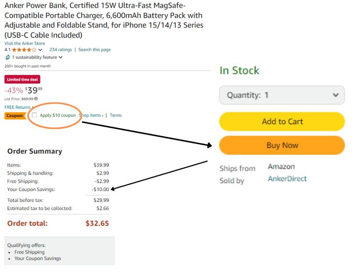 You have to wait until the final step in order to view the coupon-discounted price. (Image source: Amazon)
