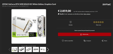 Zotac GeForce RTX 5090 Solid OC White Edition new (Image source: Alternate)