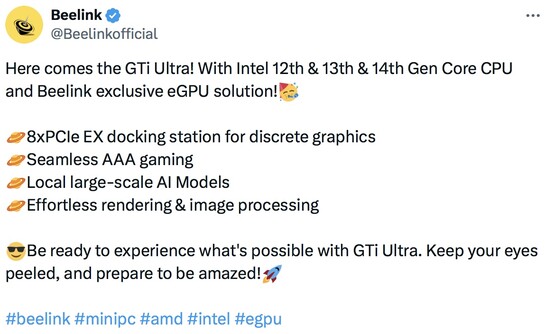 Beelink's upcoming GTi Ultra will feature Intel's 12th, 13th and 14th-gen processors. (Source: Beelink on Twitter)