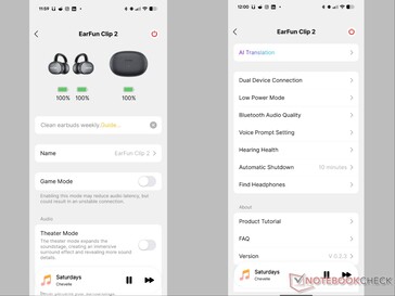 EarFun Audio app showing Clip 2 homepage and settings.