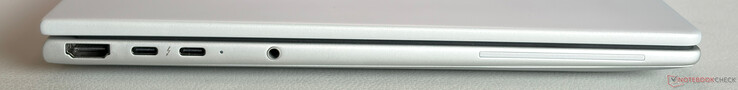 Left: HDMI 2.1, 2x USB-C 4.0 w/ Thunderbolt 4 (40 Gbps, DisplayPort 2.1, power delivery), 3.5 mm stereo jack