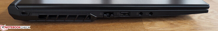 Left-hand side: Kensington Lock, Air intake, RJ45-LAN, USB 2.0 Type-A, Microphone jack, Headphone jack