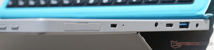 Left to right: MicroSD (behind flap), mini-HDMI, Power, USB-C (3.0), USB-A (3.0), audio jack