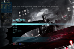 Arkham Origins main menu showing Batman and the Online option in ARMSX3.