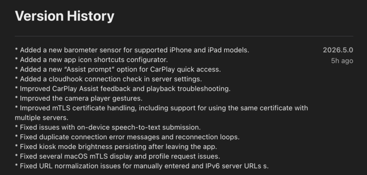 The release notes for Home Assistant iOS app version 2026.5