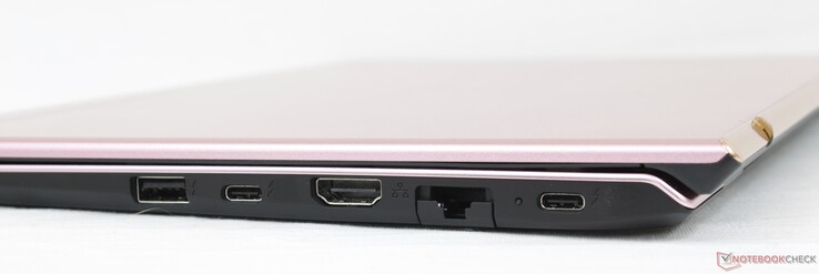 Right: USB-A 3.0, 2x USB-C w/ Thunderbolt 4 + DisplayPort + Power Delivery, HDMI, Gigabit RJ-45