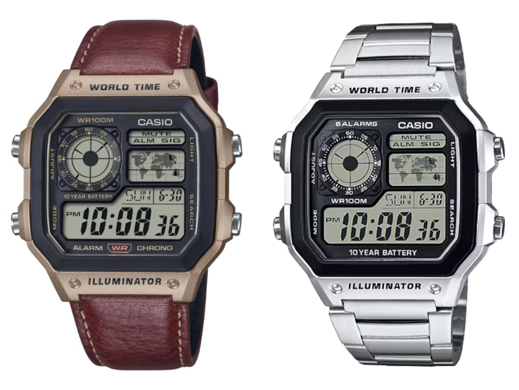 The Casio AE-1200WHL-5AV with a leather strap (left) and the AE-1200WHD-1AV with a metal bracelet (right). (Image source: Casio)