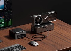An AG-series eGPU dock with an Nvidia graphics adapter installed, connected to a mini-PC. (Image source: Aoostar)