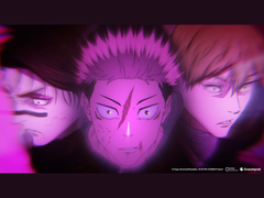 Jujutsu Kaisen Season 3 opening sequence featuring Yuji Itadori flanked by key characters, shown in a stylised purple-tinted visual. (Image source: Mappa, Crunchyroll)