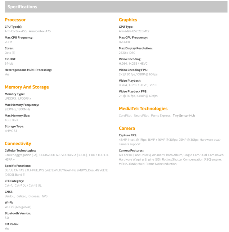 MediaTek Helio P65 specifications. (Source: MediaTek)