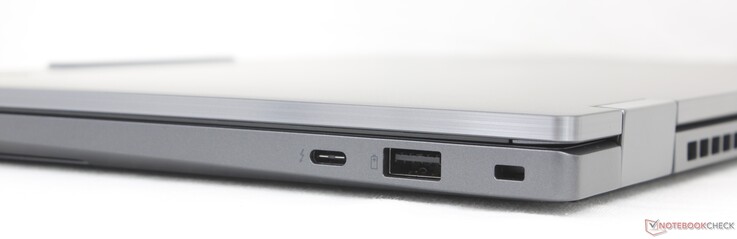 Right: USB-C Thunderbolt 4 w/ DisplayPort 2.1 + Power Delivery (65 W), USB-A (5 Gbps), Kensington lock