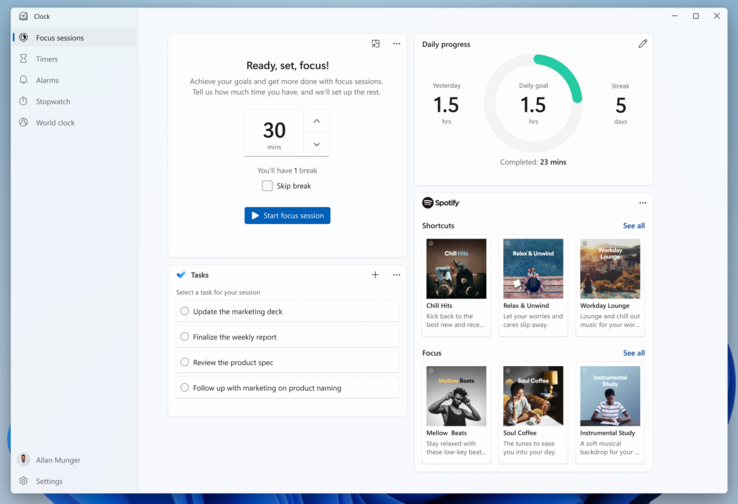 The new Clock app contains integrations with Spotify and Microsoft To Do. (Image source: Microsoft)