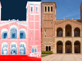 A thermal infrared image of UCLA's Royce Hall. The white to pale red color transition shows the heat being absorbed from the ground (red). The excess heat radiates up to the cold sky, depicted with blue. (Image source: Raman Lab/UCLA)