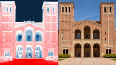 A thermal infrared image of UCLA's Royce Hall. The white to pale red color transition shows the heat being absorbed from the ground (red). The excess heat radiates up to the cold sky, depicted with blue. (Image source: Raman Lab/UCLA)