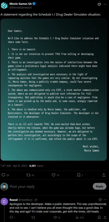 Movie Games X post on Schedule 1 investigation (Image source: screenshot, Movie Games X account)
