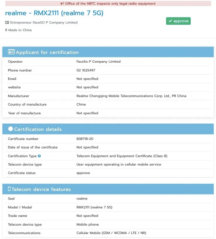 The Realme 7 5G allegedly pops up on the NBTC website. (Source: NBTC via MySmartPrice)