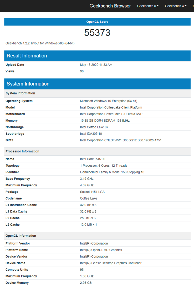 Intel Xe DG1 OpenCL score on Geekbench 4. (Source: Geekbench)