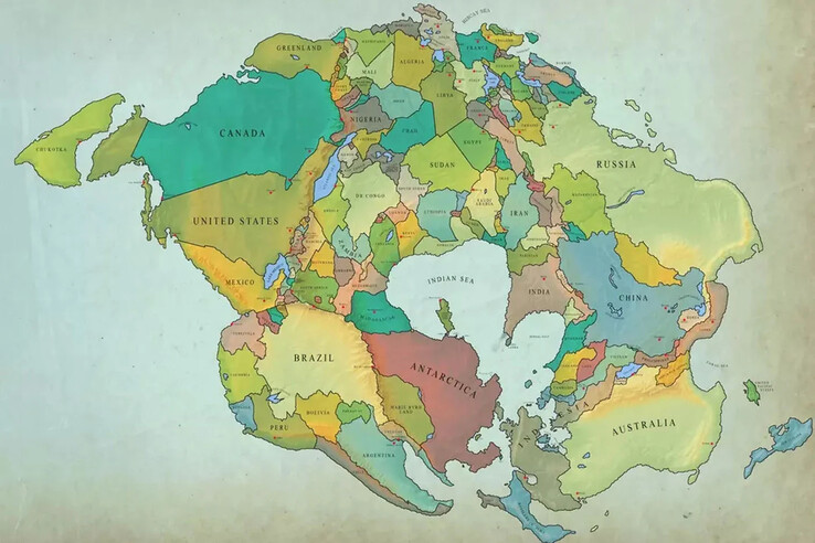 The most likely estimate for the new continent on Earth in 250 million years. (Image source: Reddit)
