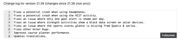 The Garmin Fenix 8 beta version 21.39 change log