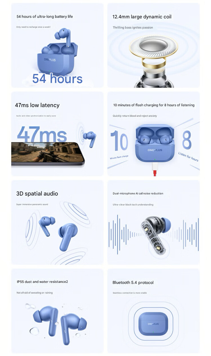Main highlights of the wireless earbuds (Image source: OnePlus - machine translated)
