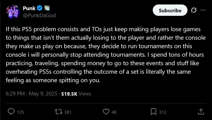 PunkDaGod X post on Evo Japan PS5 overheating (Image source: PunkDaGod X account)