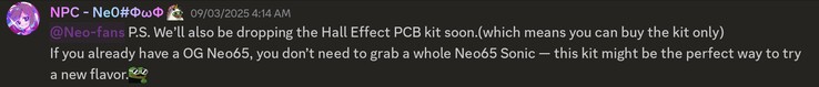 QwertyKeys confirms HE PCB kit for the QwertyKeys Neo65 series. (Image source: QwertyKeys on Discord)