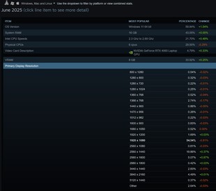 June 2025 Steam survey preferred resolutions (Image source: screenshot, Steam)