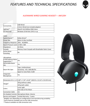 Alienware AW520H - Specifications. (Image Source: Dell)