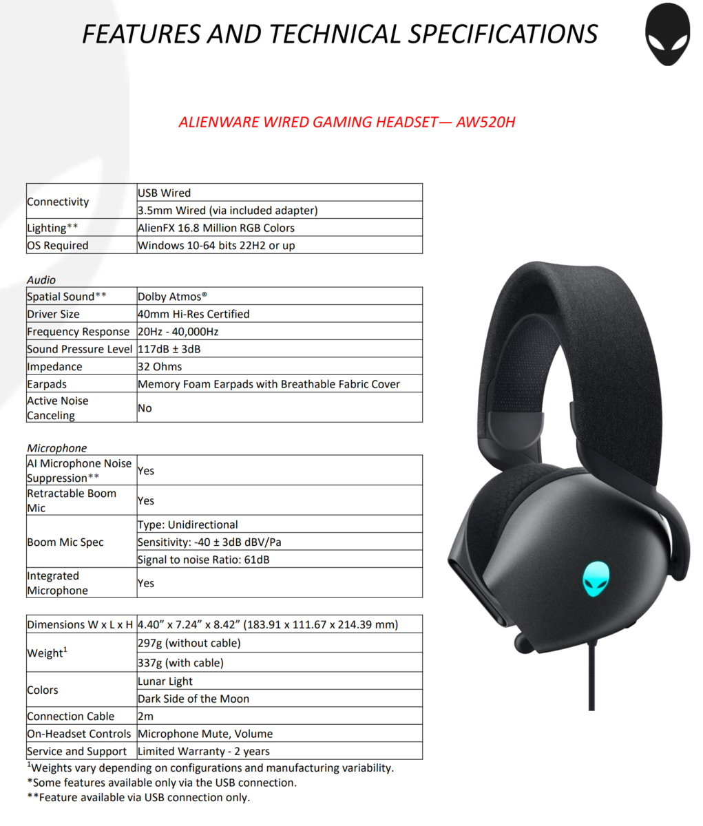 Alienware AW520H wired and AW720H wireless gaming headsets