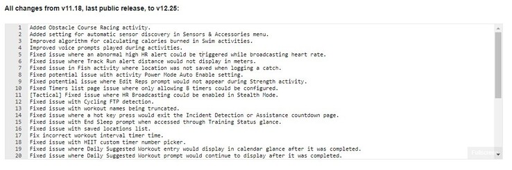 Changelog for Garmin public software version 12.25, available for the Instinct 2, Instinct 2S and Instinct Crossover smartwatches. (Image source: Garmin)