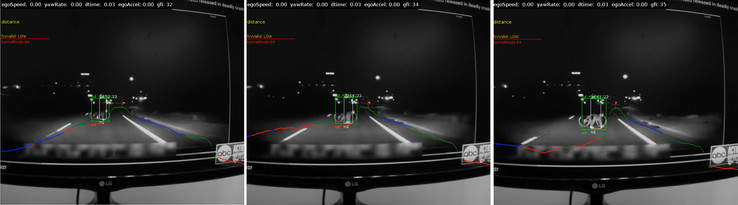 Footage from the dash cam of the self-driving car heading towards the pedestrian overlaid with the Mobileye ADAS response. (Source: Intel)