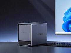 The N3A has four SATA drive bays and two M.2 SSD slots. Pictured: a promo picture showing the NAS placed beside a monitor.