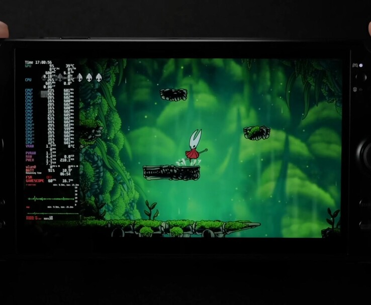 GPD Win 5 running Hollow Knight: Silksong on SteamOS at 6 W TDP with a locked 60 FPS. (Image source: ETA Prime via YouTube)