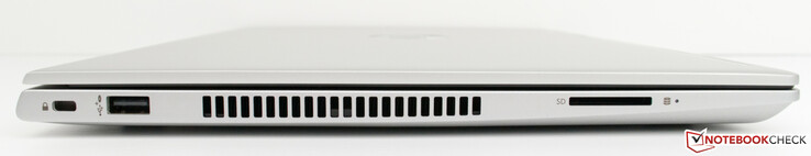 Right: Kensington lock, USB 3 Type-A (charging), ventilation grilles, SD card reader