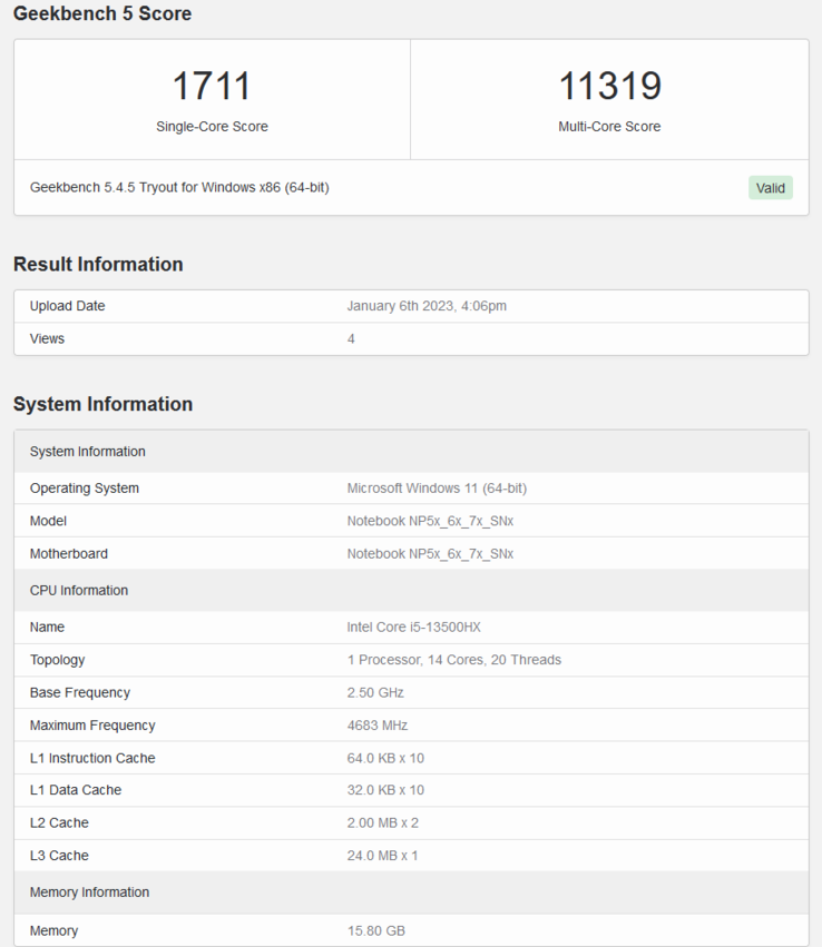 Intel Core i5-13500HX Geekbench listing (image via Geekbench)