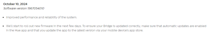 The release notes for software version 1967054010 for the Philips Hue Bridge. (Image source: Philips Hue)