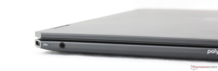Left: USB-C (10 Gbps) w/ Power Delivery + DisplayPort 1.4, 3.5 mm headset