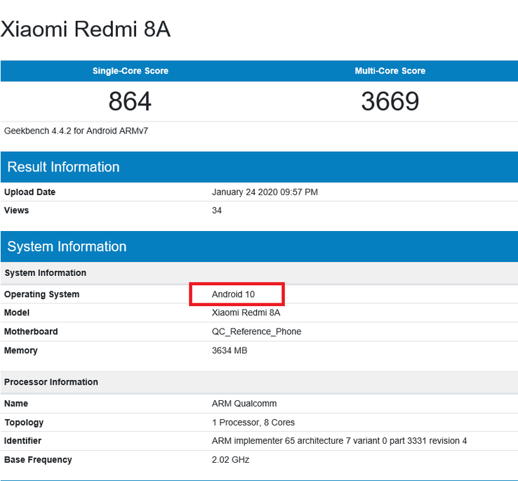Geekbench record with Android 10. (Image source: Geekbench)
