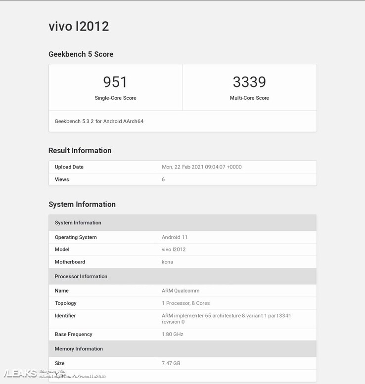 The "international iQOO Neo5" on Geekbench. (Source: Geekbench via SlashLeaks)