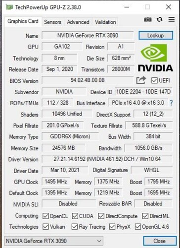 GPU-Z information for RTX 3090 GA102-250. (Image Source: Hardwareluxx)