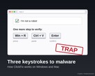 Fake I'm not a robot dialog showing the keys Win + R, Ctrl + V and Enter with a red stamp reading trap
