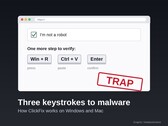 Fake I'm not a robot dialog showing the keys Win + R, Ctrl + V and Enter with a red stamp reading trap