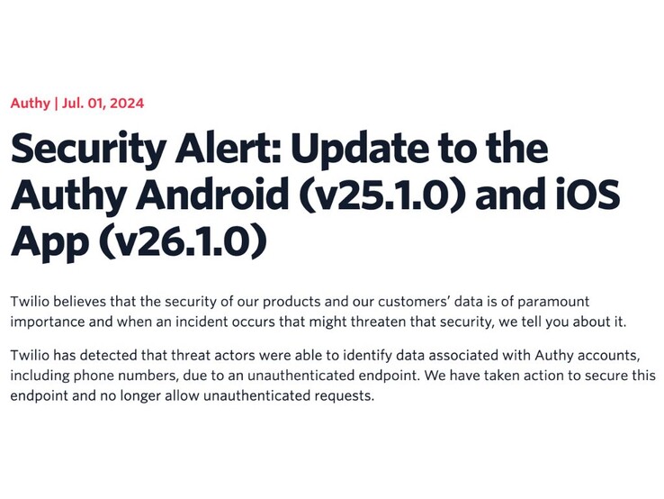 Twilio has encouraged users to update the Authy app urgently for security reasons (Source: Twilio)