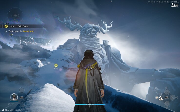 The Administrator approaches a colossal frozen statue during the Process: Cold Start mission.