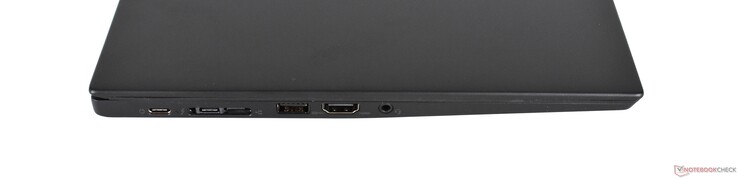 Left side: one USB 3.1 Gen 1 Type-C port, one Thunderbolt 3 port, miniRJ45/dockingport, one USB 3.0 Type-A port, combination headphone/microphone jack