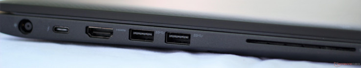 Left: DC in, USB-C w/ Thunderbolt 3, HDMI 1.4, USB 3.1 (Gen 1) Type-A, Smart Card