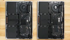 Spot the difference: the M1 MBP 13 compared with the M2 MBP 13. (Image source: iFixit)